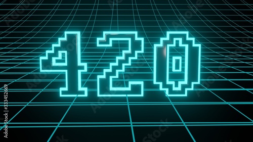 Number 420 in neon glow cyan on grid background, isolated number 3d render