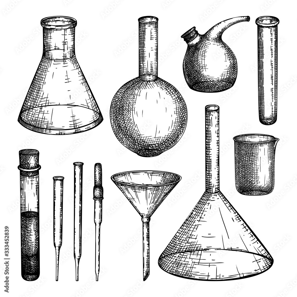 Laboratory equipment sketches set. Hand drawn glass pipette, flask