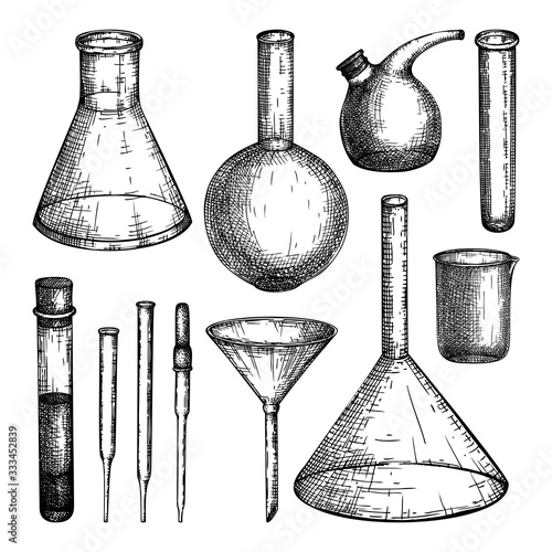 Laboratory equipment sketches set. Hand drawn glass pipette, flask, beaker, glass, tubes and funnel drawings. Chemical and medicine lab testing equipment collection. Vector laboratory testing tools.