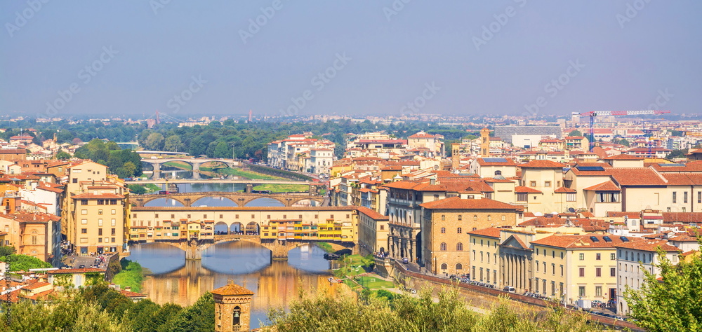 Top view of  beautiful city of Florence - river, promenades and bridges