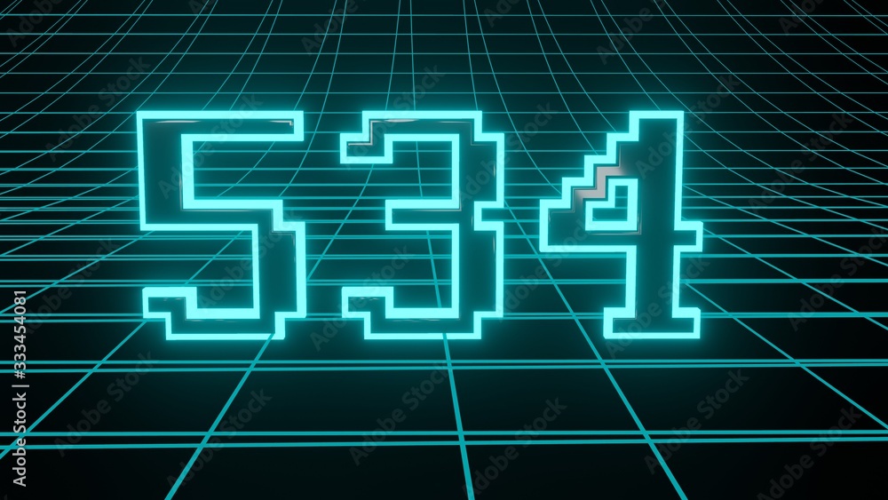 Number 534 in neon glow cyan on grid background, isolated number 3d render Number 534 in neon glow cyan on grid background, isolated number 3d render