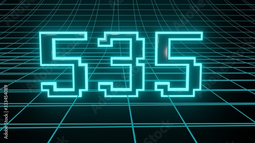 Number 535 in neon glow cyan on grid background, isolated number 3d render