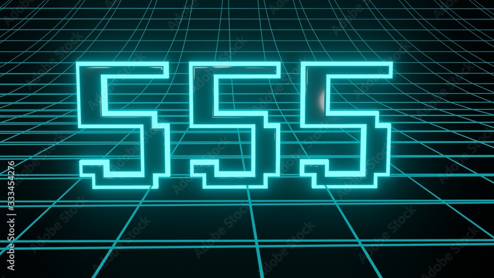 Number 555 in neon glow cyan on grid background, isolated number 3d render Number 555 in neon glow cyan on grid background, isolated number 3d render