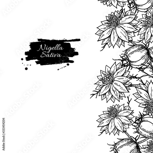 Nigella sativa frame template. Vector drawing. Black cumin isolated illustration.