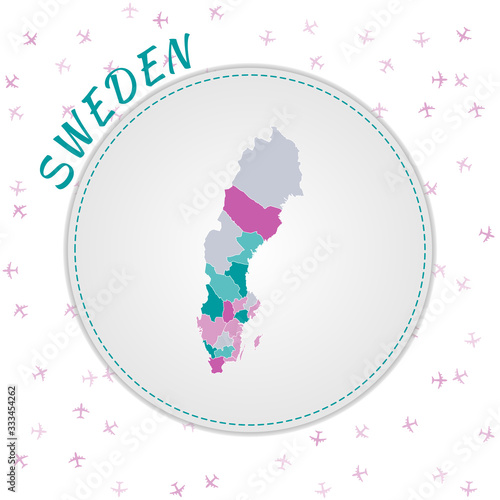 Sweden map design. Map of the country with regions in emerald-amethyst color palette. Rounded travel to Sweden poster with country name and airplanes background. Amazing vector illustration.
