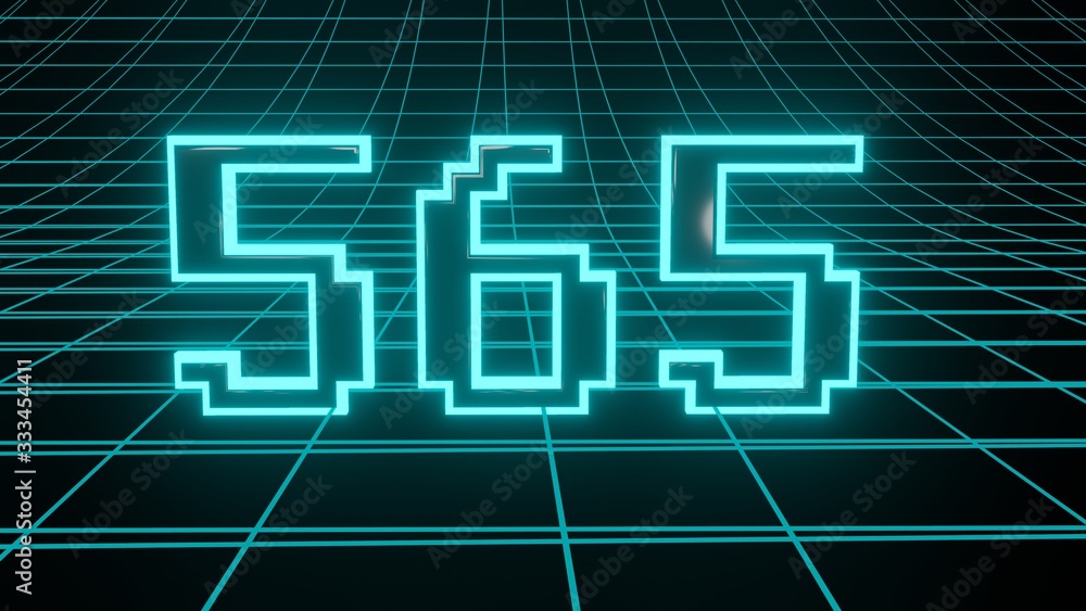 Number 565 in neon glow cyan on grid background, isolated number 3d render