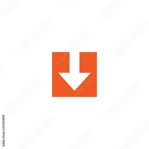 white arrow down in red square. flat icon. download sign.