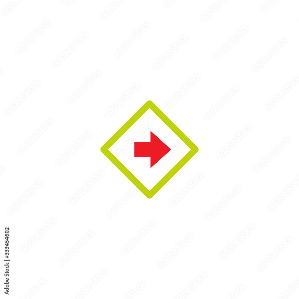 red right arrow with shadow in green square rhomb icon. Isolated on white. red right arrow with shadow in green square rhomb icon. Isolated on white.