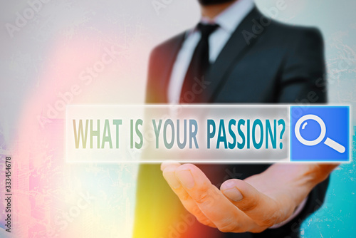 Conceptual hand writing showing What Is Your Passion Question. Concept meaning asking about his strong and barely controllable emotion photo