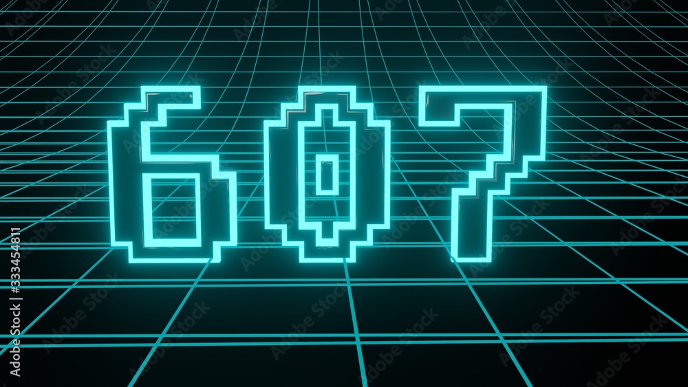 Number 607 in neon glow cyan on grid background, isolated number 3d render Number 607 in neon glow cyan on grid background, isolated number 3d render