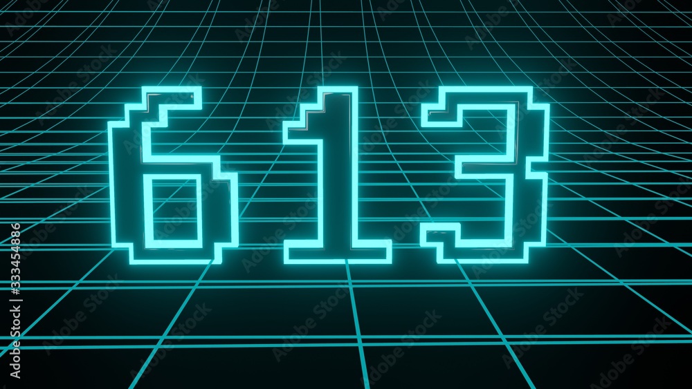 Number 613 in neon glow cyan on grid background, isolated number 3d render Number 613 in neon glow cyan on grid background, isolated number 3d render