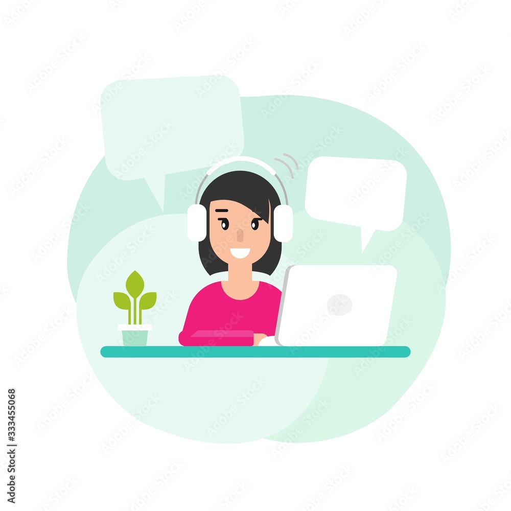 Happy freelancer girl on computer with speech bubbles. flat vector cartoon illustration on turquoise background. Happy freelancer girl on computer with speech bubbles. flat vector cartoon illustration on turquoise background.