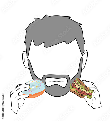 a man chooses food between a sweet and a sandwich. unhealthy food. losing weight. vector illustration