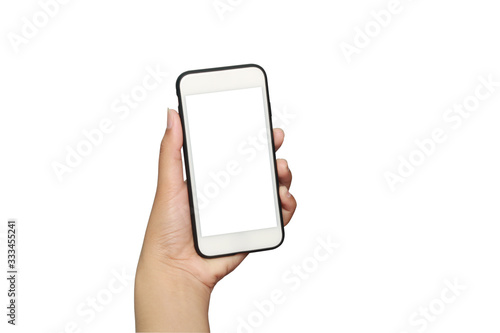 Closeup shot of a woman showing mobile phone isolated on white background. Female hand holding a modern smartphone. Hand showing a white phone's screen.