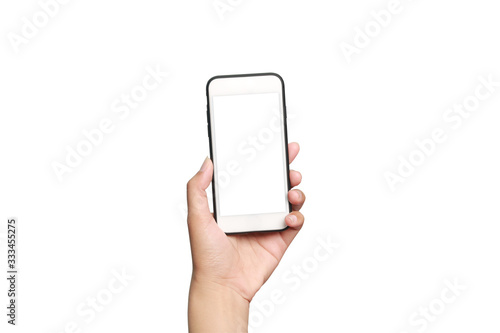 Fotografie Closeup shot of a woman showing mobile phone isolated on white background
