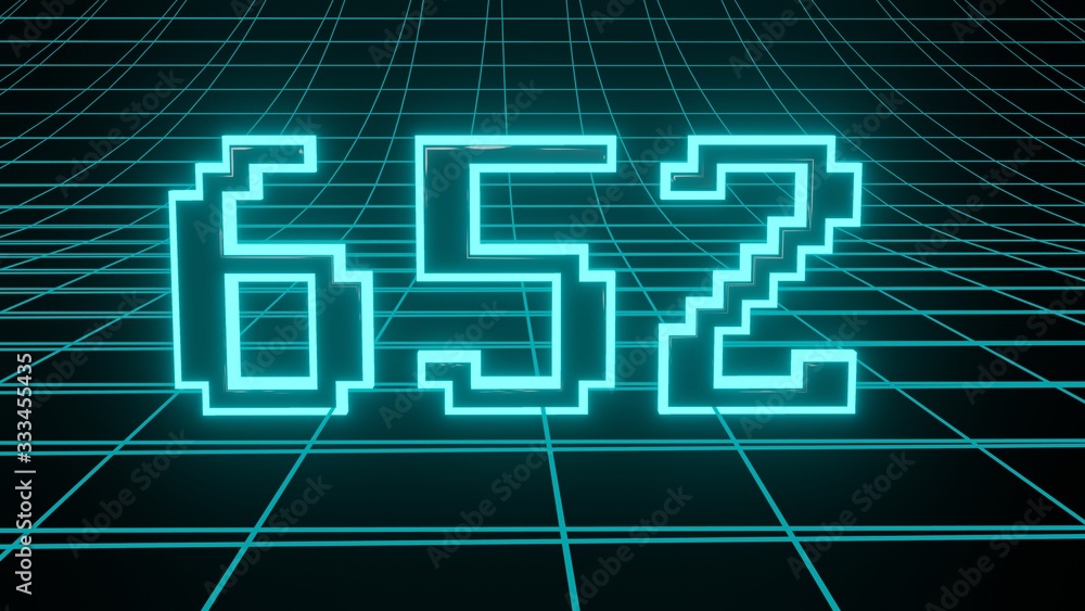 Number 652 in neon glow cyan on grid background, isolated number 3d render Number 652 in neon glow cyan on grid background, isolated number 3d render