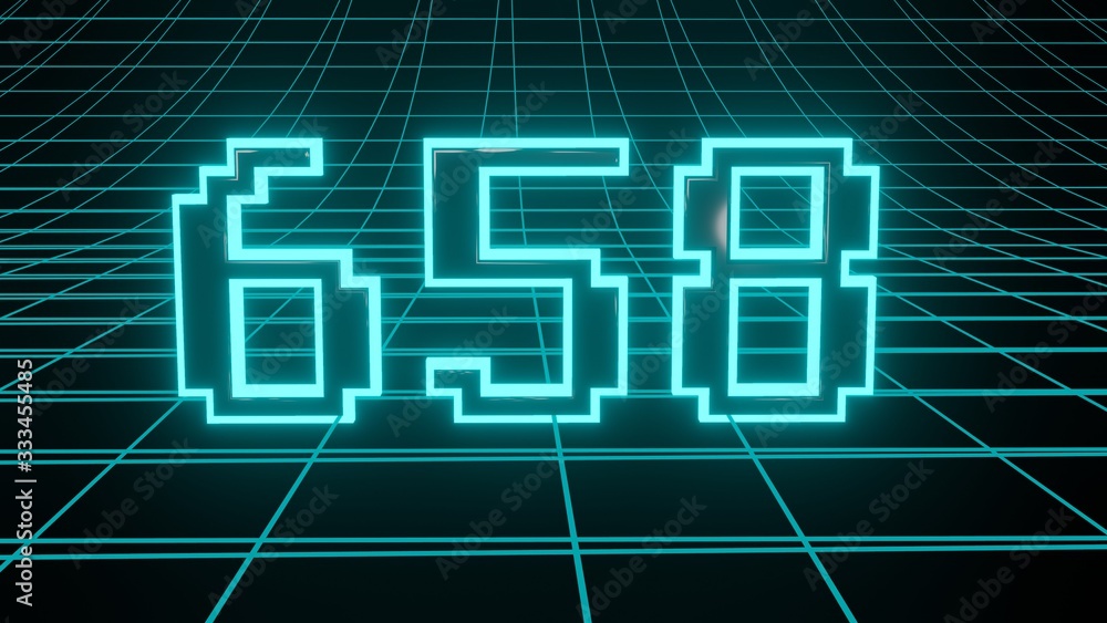 Number 658 in neon glow cyan on grid background, isolated number 3d render Number 658 in neon glow cyan on grid background, isolated number 3d render