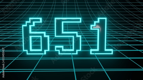 Number 651 in neon glow cyan on grid background, isolated number 3d render