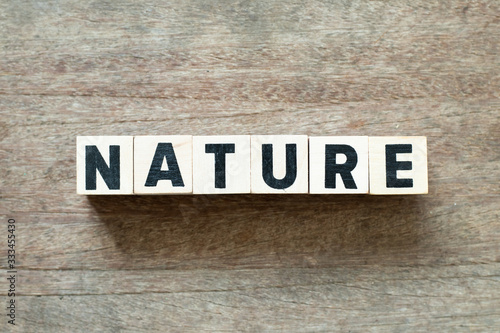 Letter block in word nature on wood background