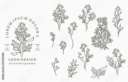 Black flower logo collection with leaves,geometric.Vector illustration for icon,logo,sticker,printable and tattoo photo