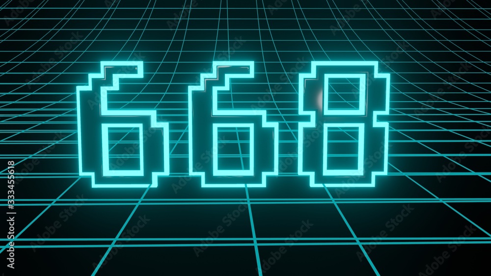 Number 668 in neon glow cyan on grid background, isolated number 3d render Number 668 in neon glow cyan on grid background, isolated number 3d render