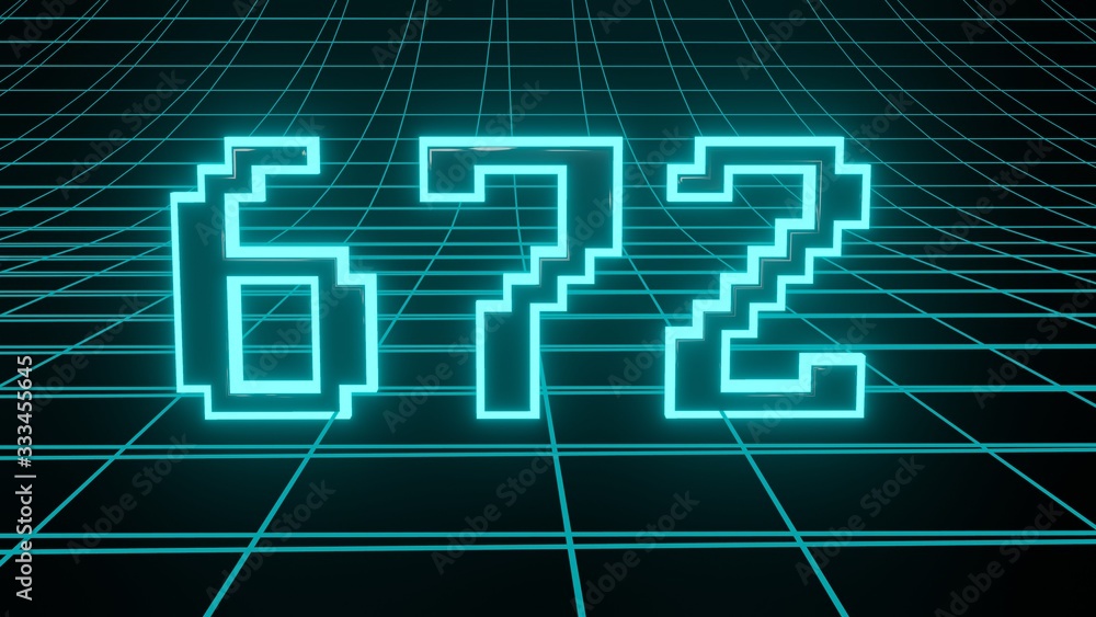 Number 672 in neon glow cyan on grid background, isolated number 3d render Number 672 in neon glow cyan on grid background, isolated number 3d render