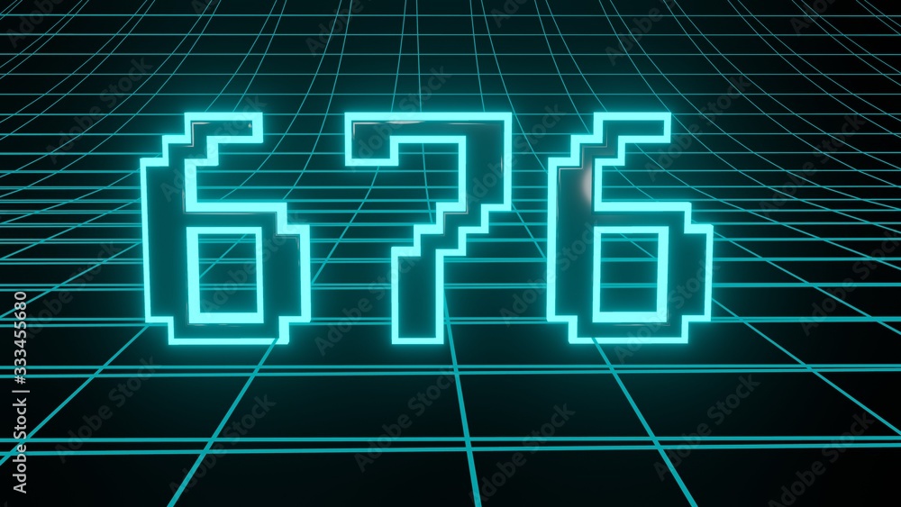 Number 676 in neon glow cyan on grid background, isolated number 3d render Number 676 in neon glow cyan on grid background, isolated number 3d render