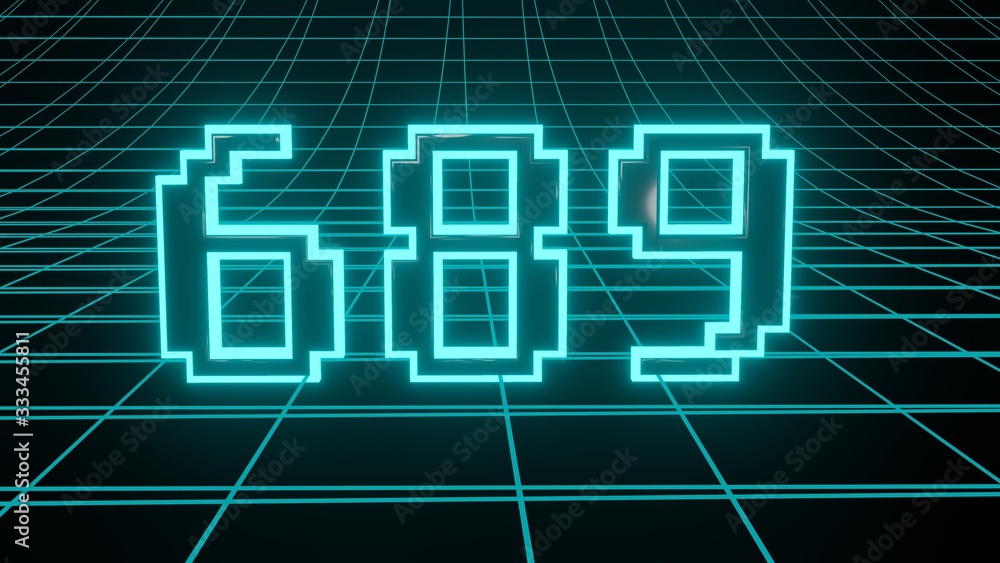Number 689 in neon glow cyan on grid background, isolated number 3d render