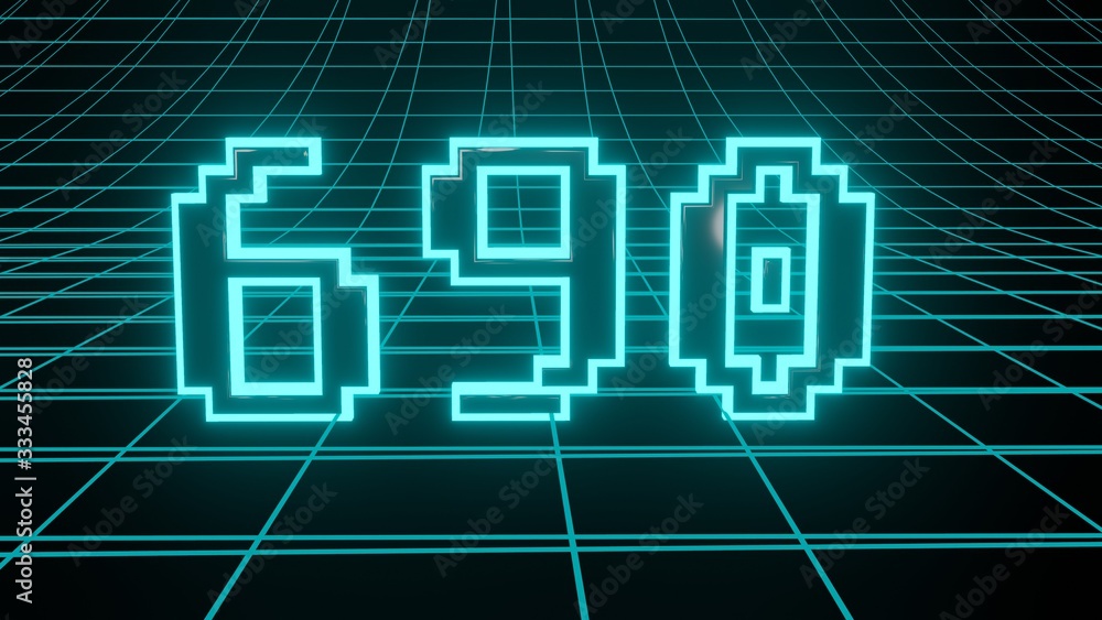 Number 690 in neon glow cyan on grid background, isolated number 3d render Number 690 in neon glow cyan on grid background, isolated number 3d render