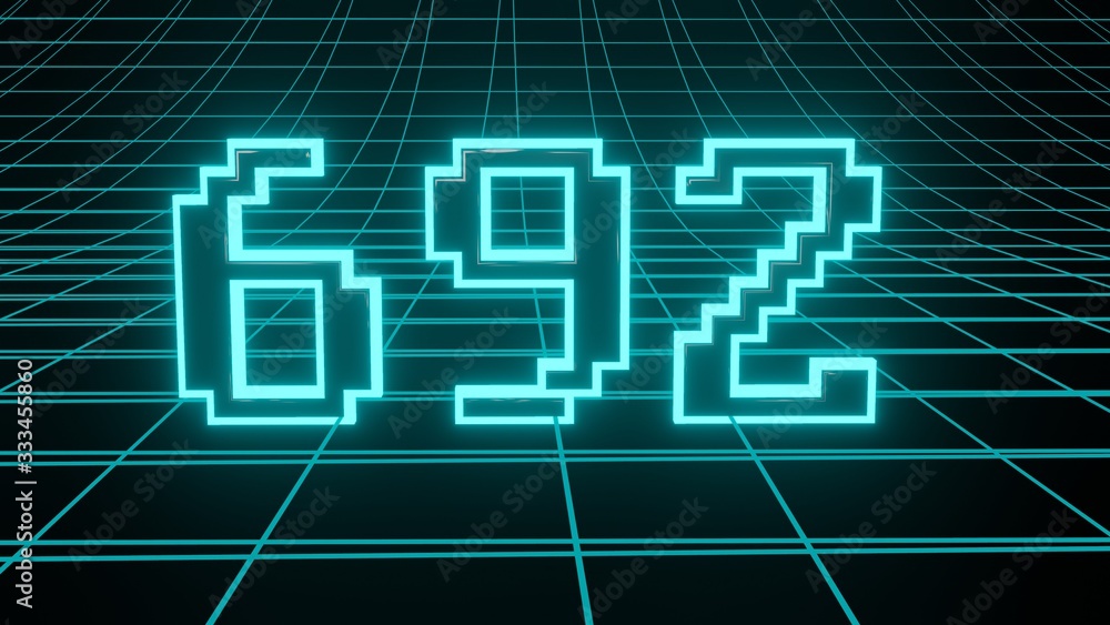 Number 692 in neon glow cyan on grid background, isolated number 3d render Number 692 in neon glow cyan on grid background, isolated number 3d render