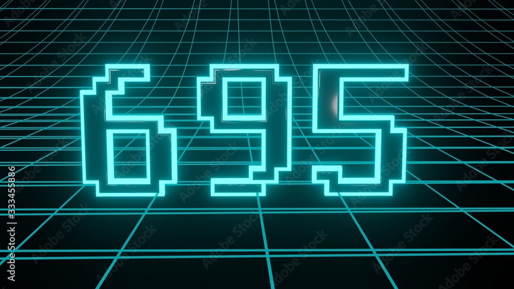Number 695 in neon glow cyan on grid background, isolated number 3d render Number 695 in neon glow cyan on grid background, isolated number 3d render