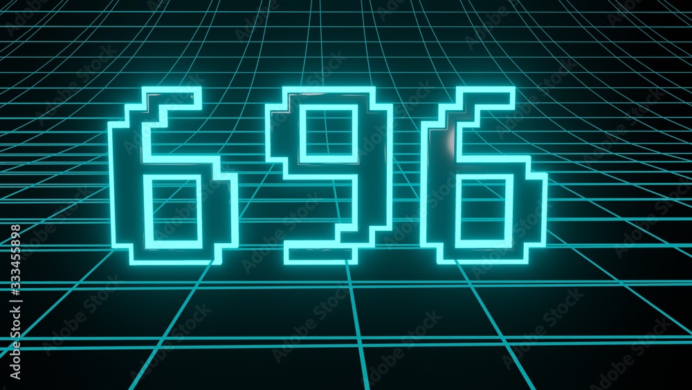 Number 696 in neon glow cyan on grid background, isolated number 3d render Number 696 in neon glow cyan on grid background, isolated number 3d render