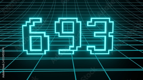 Number 693 in neon glow cyan on grid background, isolated number 3d render