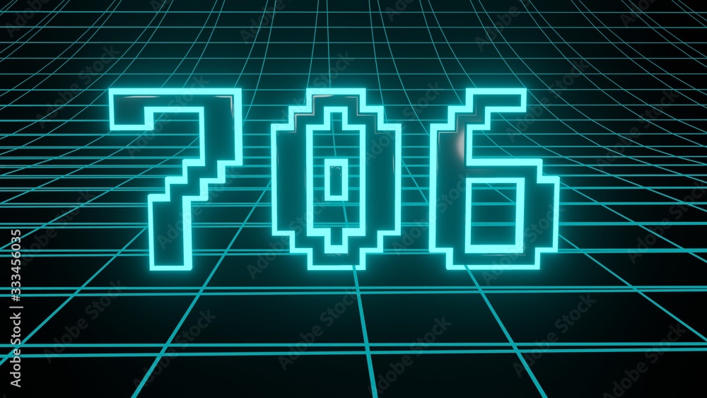 Number 706 in neon glow cyan on grid background, isolated number 3d render Number 706 in neon glow cyan on grid background, isolated number 3d render