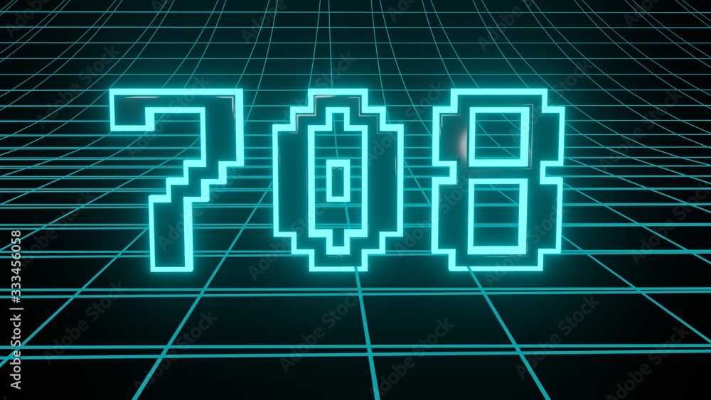 Number 708 in neon glow cyan on grid background, isolated number 3d render Number 708 in neon glow cyan on grid background, isolated number 3d render