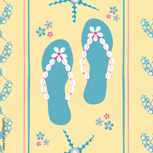 Flip flop shoe seamless vector pattern background. Stylish sandals, starfish, cowrie shell backdrop. Geometric stripe design pastel blue, yellow. Summer all over print for beach wedding resort concept