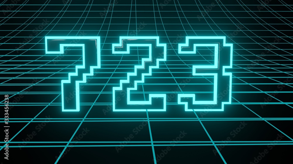 Number 723 in neon glow cyan on grid background, isolated number 3d render Number 723 in neon glow cyan on grid background, isolated number 3d render