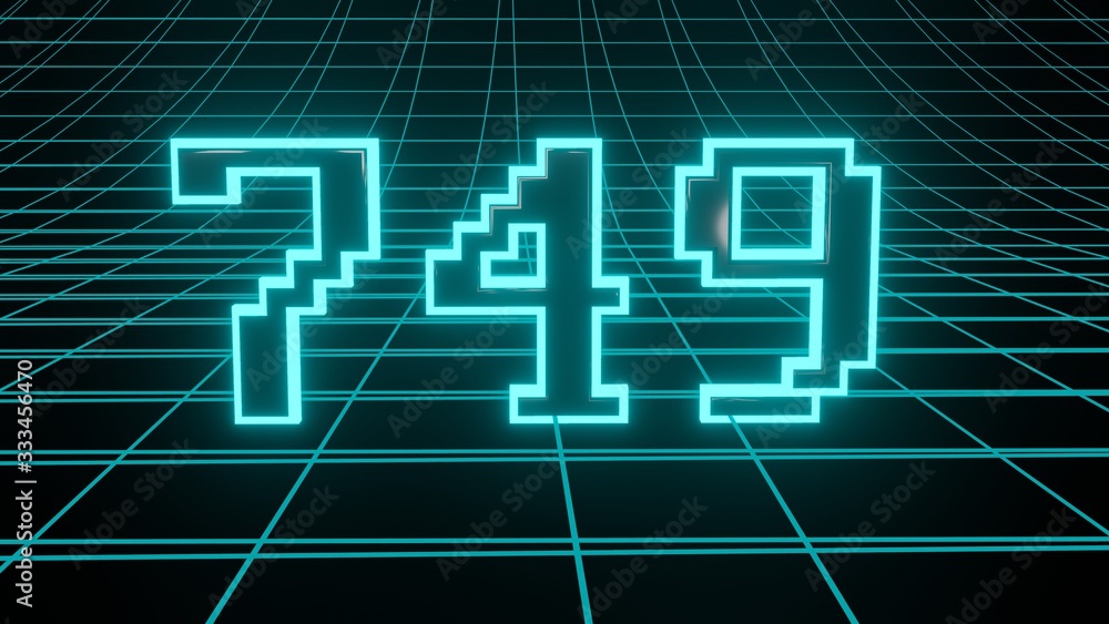 Number 749 in neon glow cyan on grid background, isolated number 3d render Number 749 in neon glow cyan on grid background, isolated number 3d render