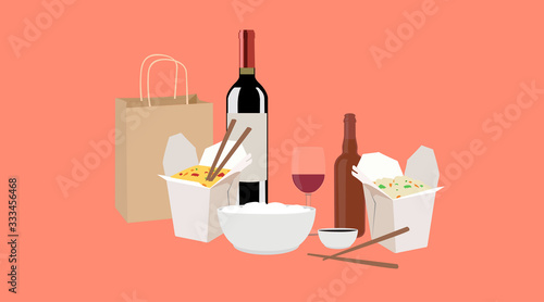 Vector Isolated Illustration of Chinese Food Take Away, with Wine and Beer