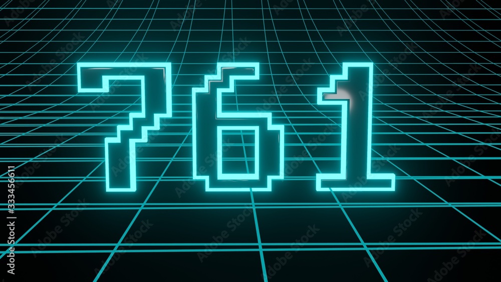 Number 761 in neon glow cyan on grid background, isolated number 3d render Number 761 in neon glow cyan on grid background, isolated number 3d render