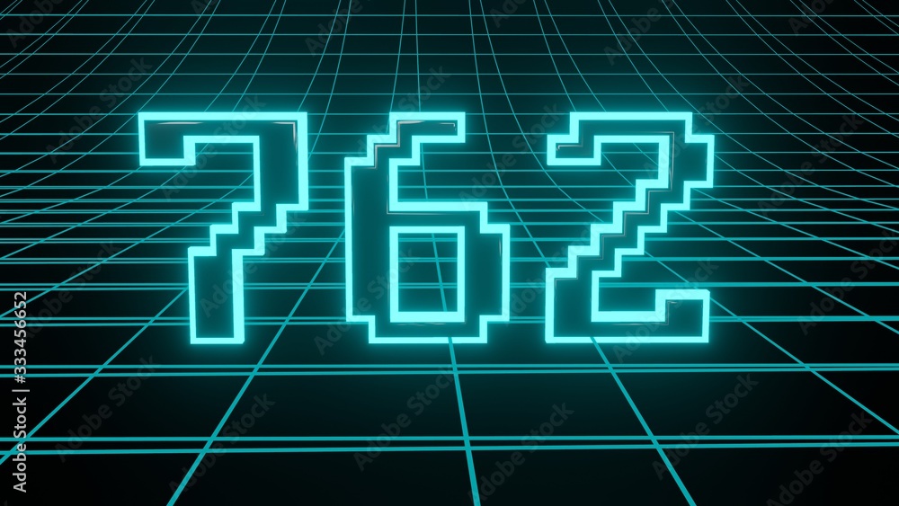 Number 762 in neon glow cyan on grid background, isolated number 3d render Number 762 in neon glow cyan on grid background, isolated number 3d render