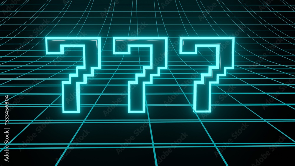 Number 777 in neon glow cyan on grid background, isolated number 3d render Number 777 in neon glow cyan on grid background, isolated number 3d render