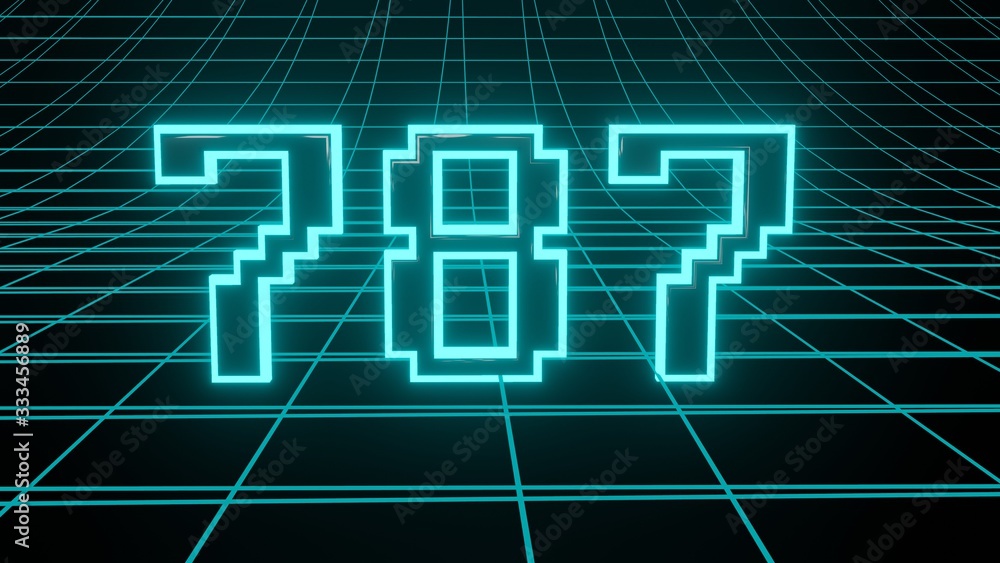 Number 787 in neon glow cyan on grid background, isolated number 3d render Number 787 in neon glow cyan on grid background, isolated number 3d render