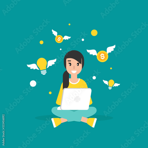 Happy freelancer girl with computer, flyong dollar coins and idea bulbs.