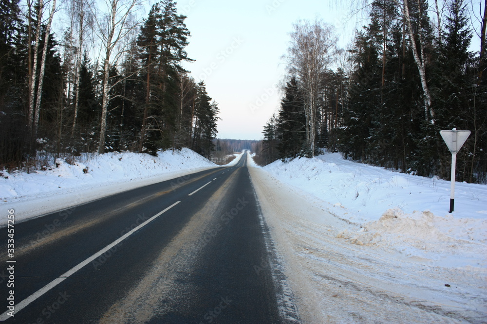 winter road leading into the distance, roadside signs, blizzard winter road leading into the distance, roadside signs, blizzard