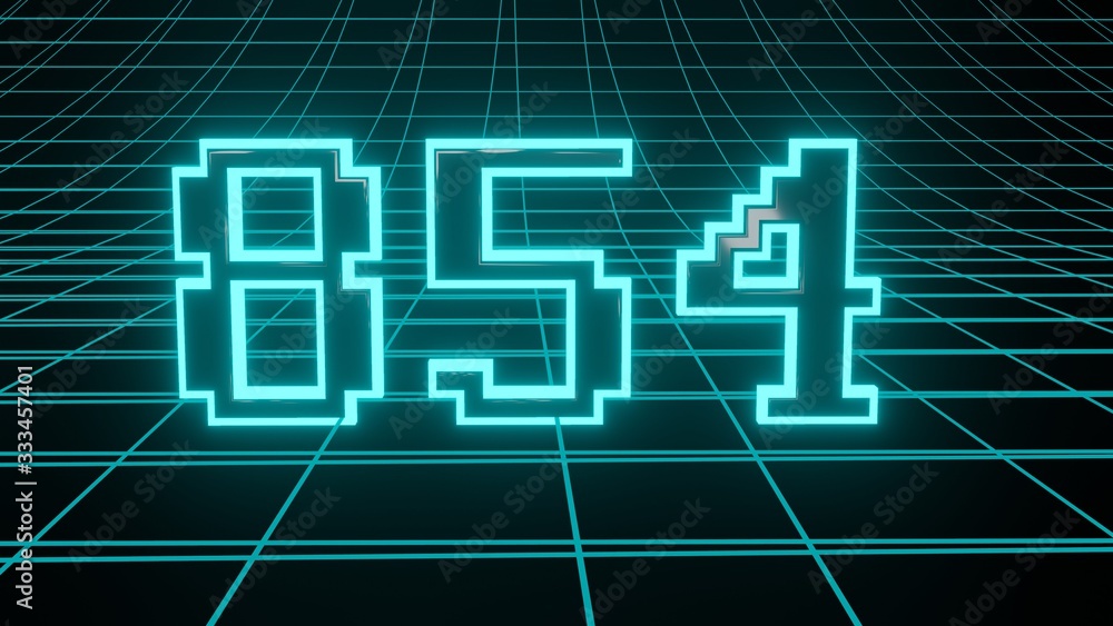 Number 854 in neon glow cyan on grid background, isolated number 3d render