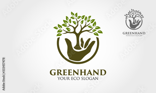Green Hand Vector Logo Template. This logo that combine hand with green leaf that means healthy life, good for health company, green activist, charity organization, social community activities, etc.