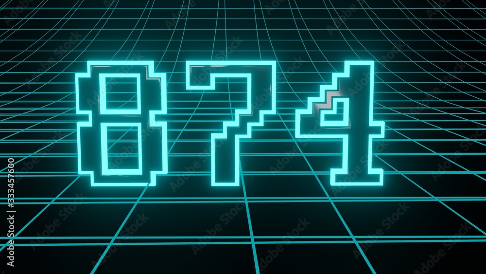 Number 874 in neon glow cyan on grid background, isolated number 3d render Number 874 in neon glow cyan on grid background, isolated number 3d render