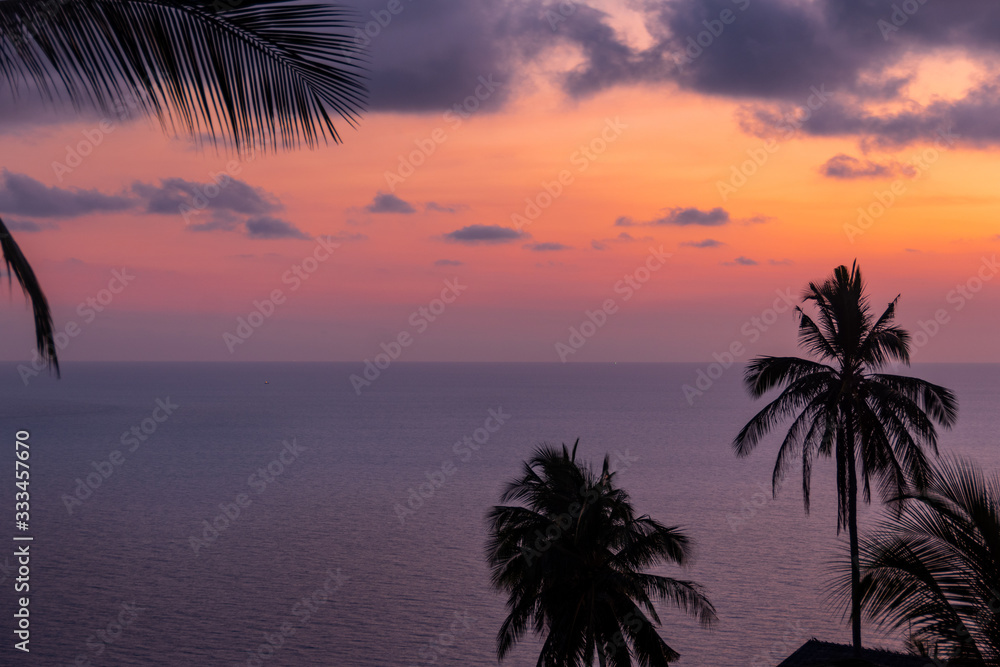 Night panorama in Ko Samui, colorful background of palms trees