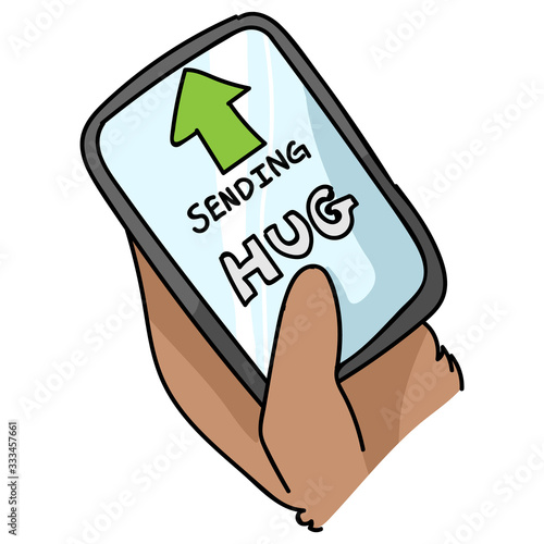 Sending virtual hug corona virus crisis text on smartphone. Defeat sars cov 2 stay home infographic. Social media love. Viral pandemic support message. Outreach get through together sticker vector. 